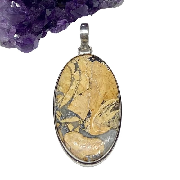 Artisan Jewelry - Maligano Jasper Necklace Pendant Oval Cabochon Natural Stone Sterling Silver 925